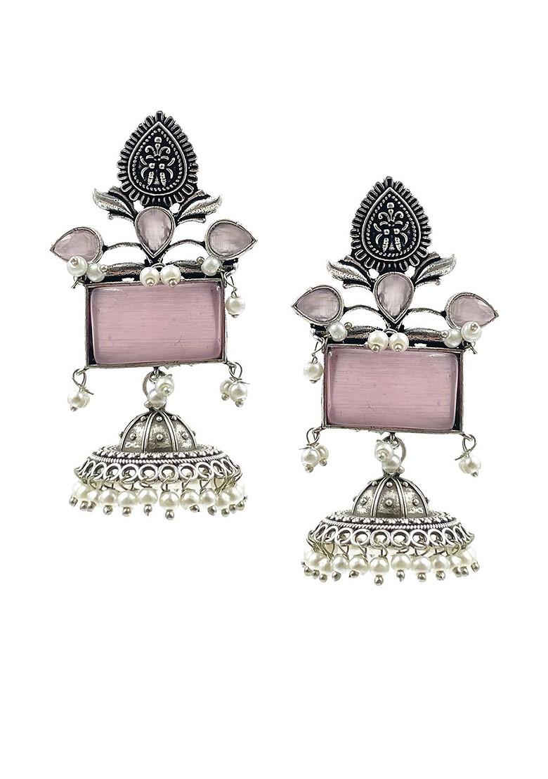 Silver Plated Artificial Stones Studded And Beaded Dome Shaped Jhumkas