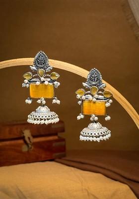 Silver Plated Artificial Stones Studded And Beaded Dome Shaped Jhumkas