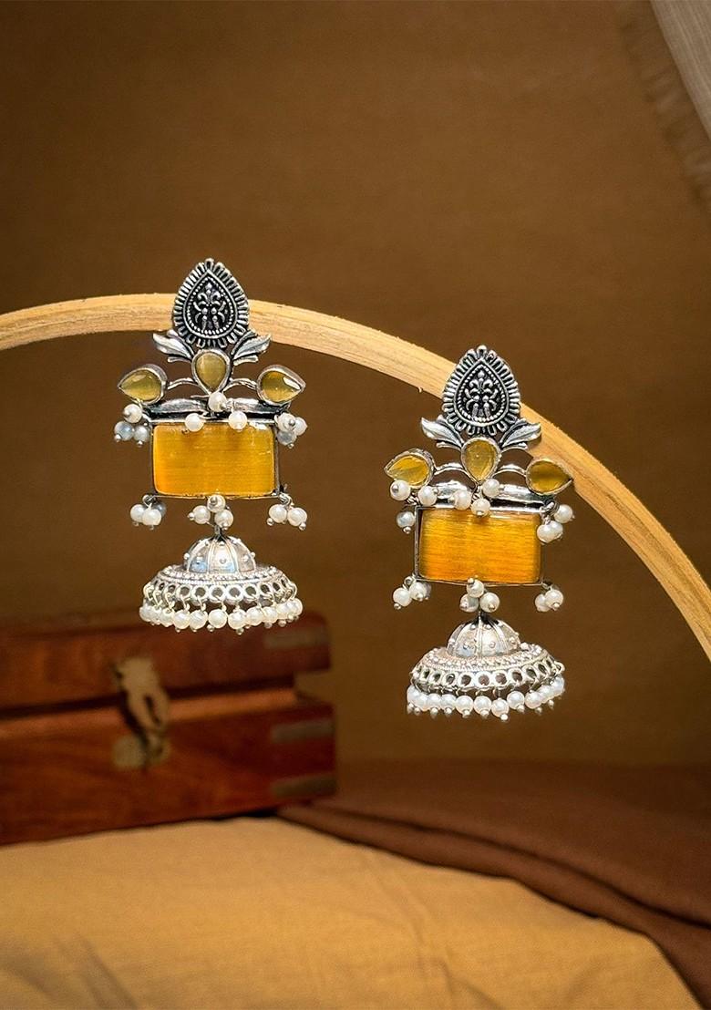 Silver Plated Artificial Stones Studded And Beaded Dome Shaped Jhumkas