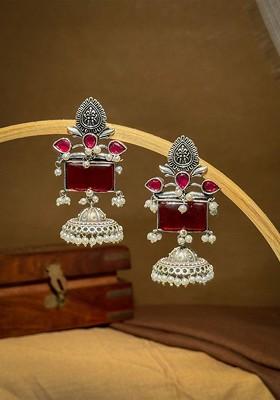 Silver Plated Artificial Stones Studded And Beaded Dome Shaped Jhumkas