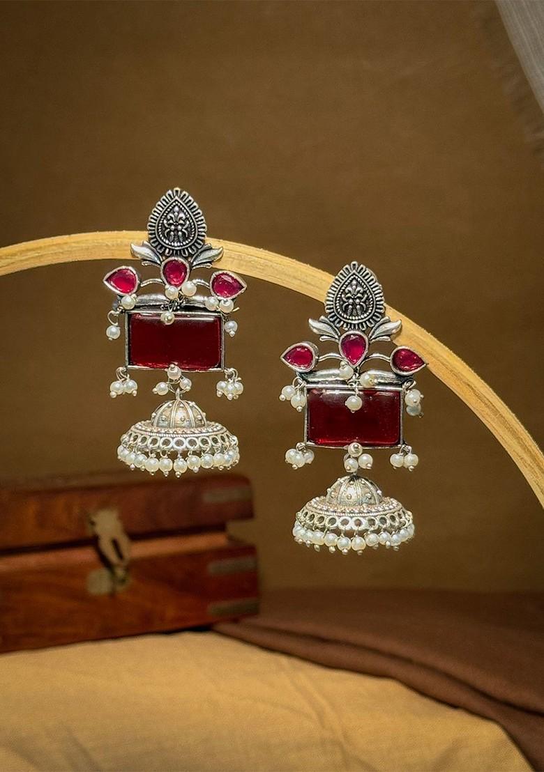 Silver Plated Artificial Stones Studded And Beaded Dome Shaped Jhumkas