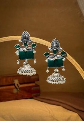 Silver Plated Artificial Stones Studded And Beaded Dome Shaped Jhumkas
