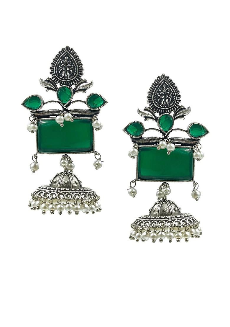 Silver Plated Artificial Stones Studded And Beaded Dome Shaped Jhumkas