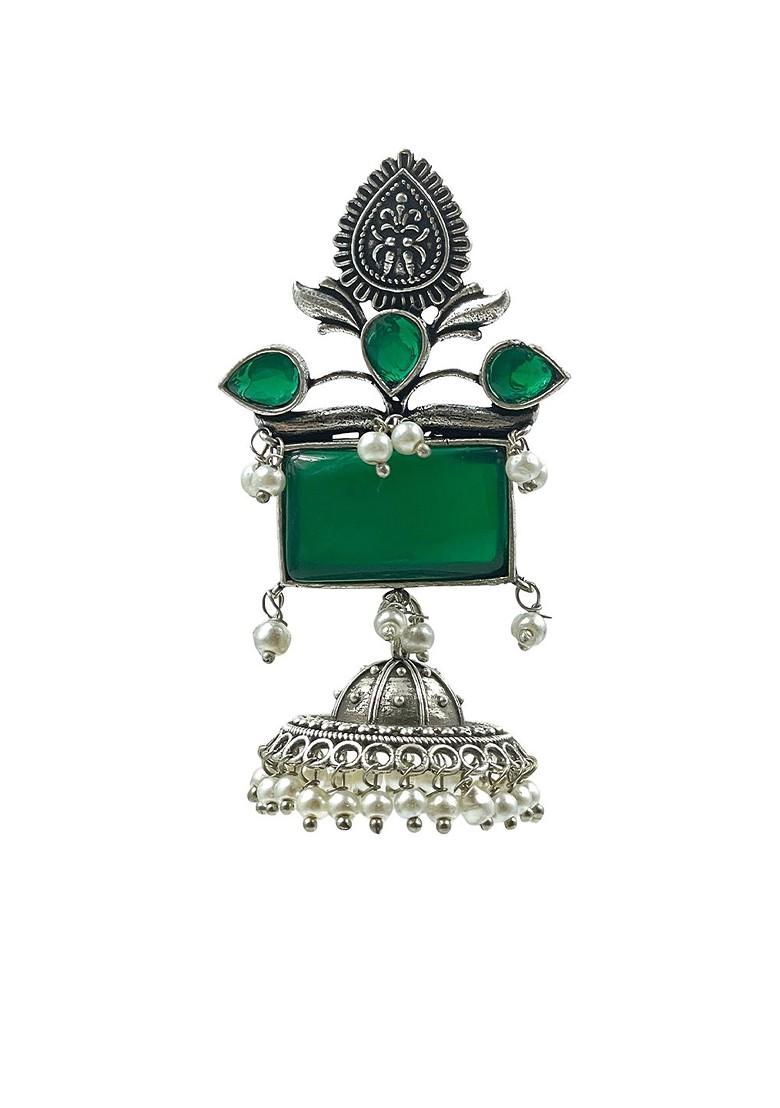 Silver Plated Artificial Stones Studded And Beaded Dome Shaped Jhumkas