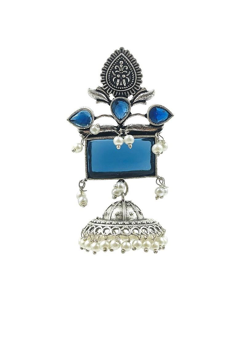 Silver Plated Artificial Stones Studded Oxidised Dome Shaped Jhumkas