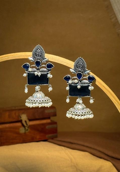 Silver Plated Artificial Stones Studded Oxidised Dome Shaped Jhumkas