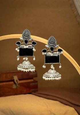 Silver Plated Artificial Stones Studded And Beaded Dome Shaped Jhumkas