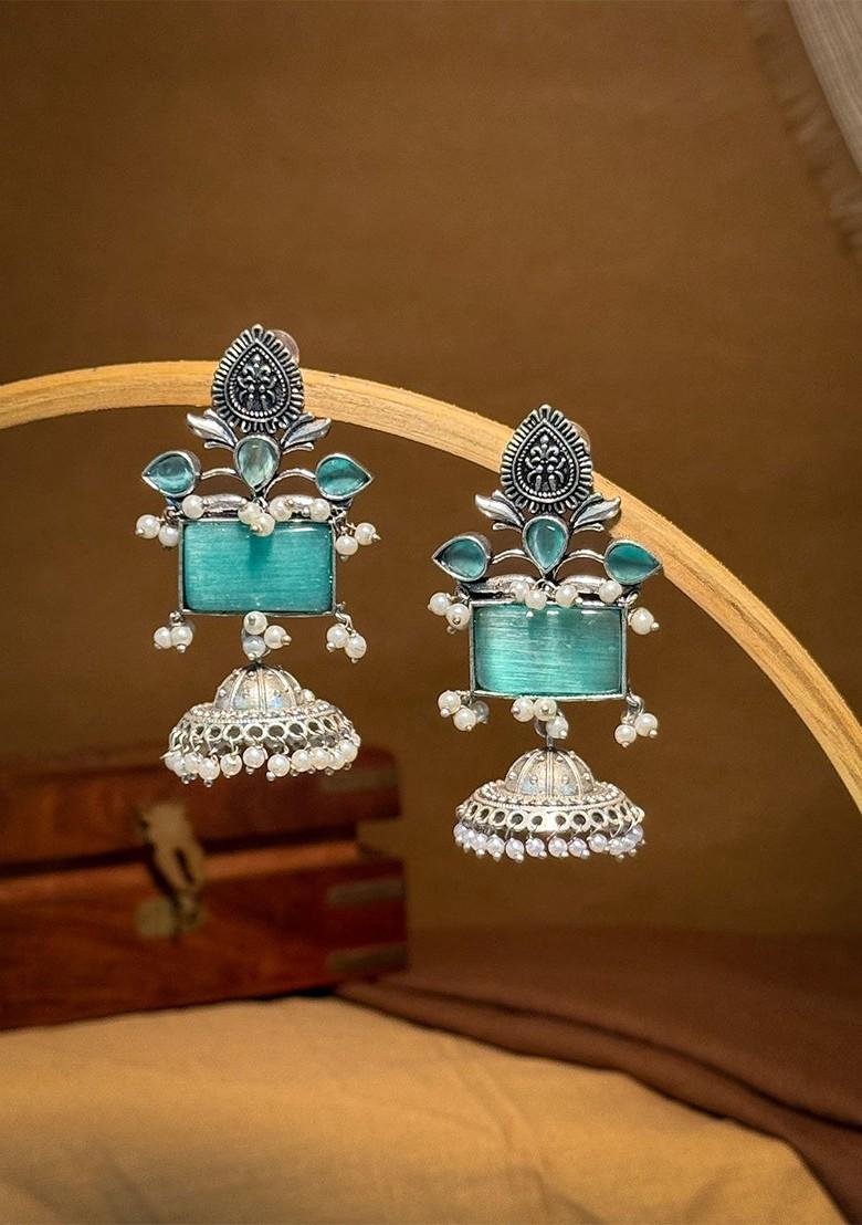 Silver Plated Artificial Stones Studded And Beaded Dome Shaped Jhumkas