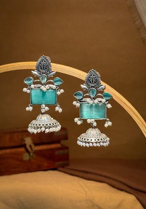 Silver Plated Artificial Stones Studded And Beaded Dome Shaped Jhumkas