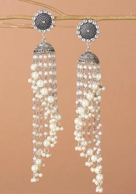 Long Pearl Oxidised Jhumkas