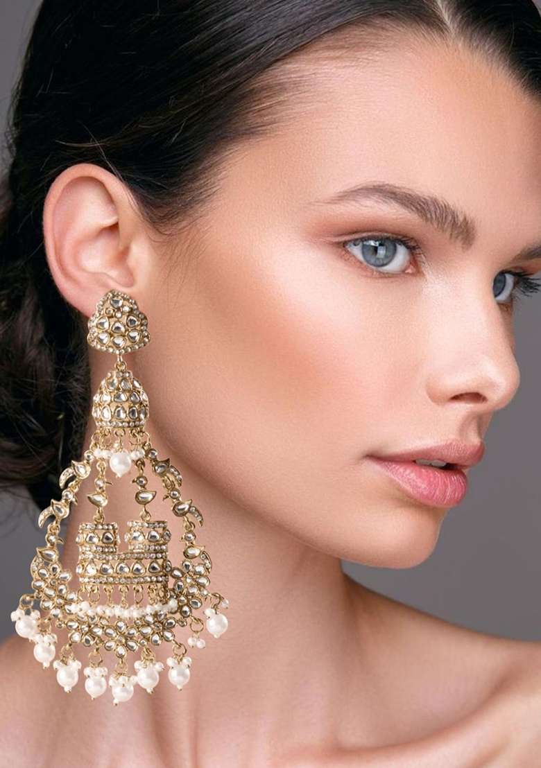 Long Traditional Pearl Chandbali Earrings - Indya