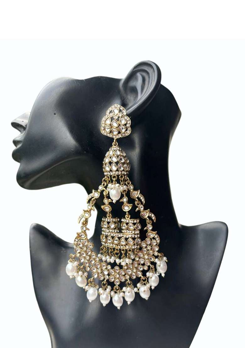 Long Traditional Pearl Chandbali Earrings - Indya