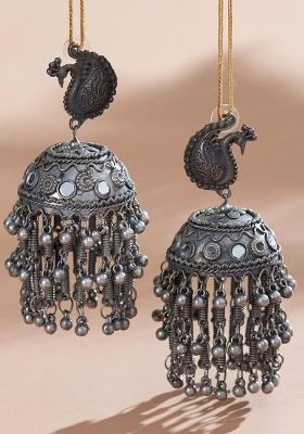 Silver Plated Oversized Peacock Jhumkas