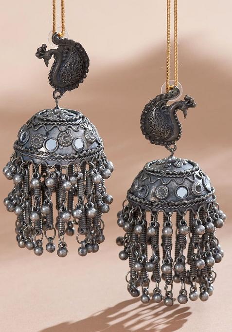 Silver Plated Oversized Peacock Jhumkas