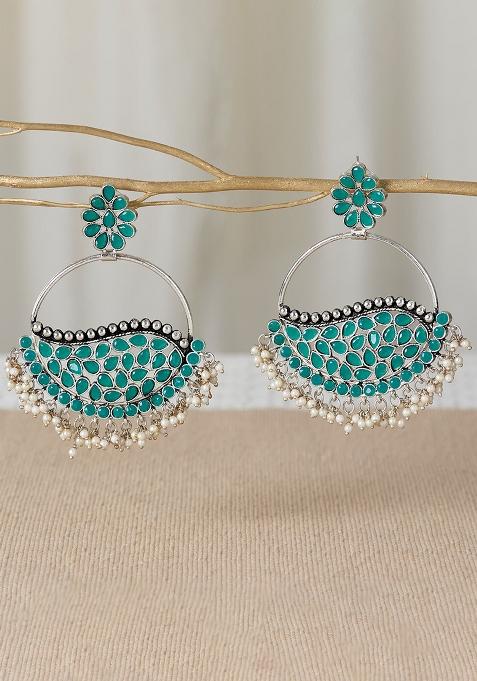 Silver Plated Green Stone Chandbali Earrings