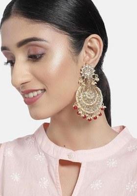 Green Gold Plated Alloy Traditional Handcrafted Beaded Big Chandbali Earrings For Women/Girls