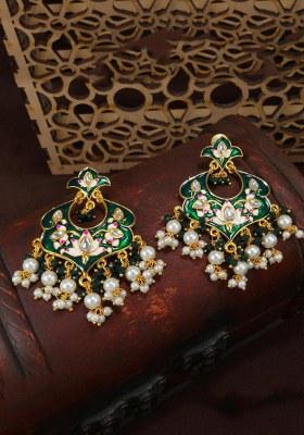 Gold Plated Meenakari Kundan And Pearl Drop Chandbali Earrings For Women (E2920G)