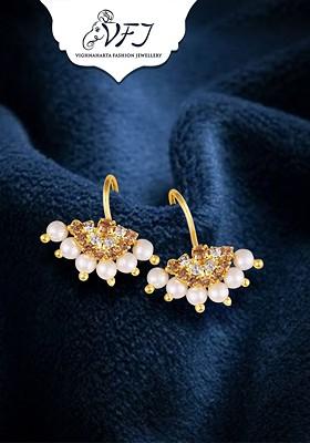 Gold Plated Stone Studded And Pearls Beaded Drop Earrings