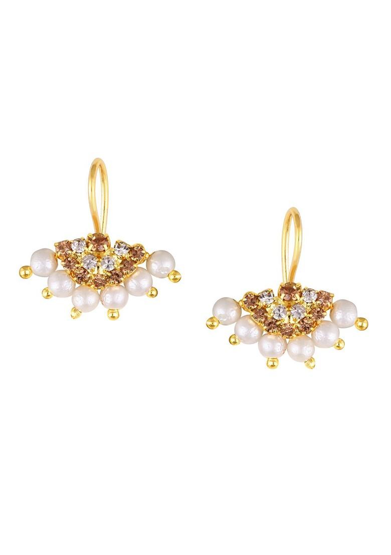 Gold Plated Stone Studded And Pearls Beaded Drop Earrings