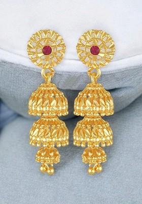 Gold Plated Cubic Zirconia Studded Contemporary Jhumkas Earrings