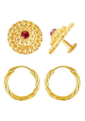 Set Of 2 Gold Plated Cubic Zirconia Studded Brass Floral Hoop And Studs Earrings
