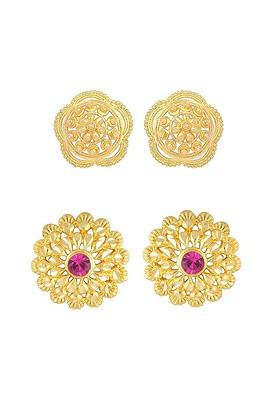 Set Of 2 Gold Plated Cubic Zirconia Studded Contemporary Studs Earrings