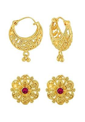 Set Of 2 Gold Plated Cubic Zirconia Contemporary Studs And Hoop Earrings