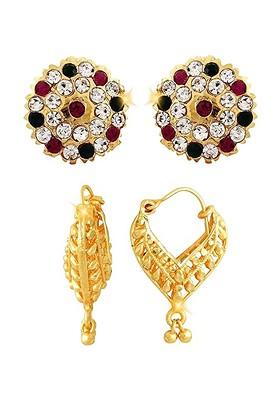Set Of 2 Gold Plated Cubic Zirconia Studded Contemporary Studs Earrings