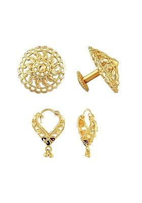 Set Of 2 Gold Plated Brass Contemporary Studs And Hoop Earrings