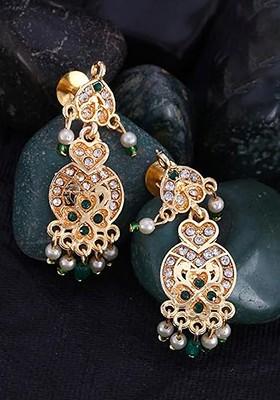 Gold Plated Stone Studded And Beaded Contemporary Drop Earrings