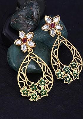 Gold Plated Studded And Beaded Floral Drop Earrings