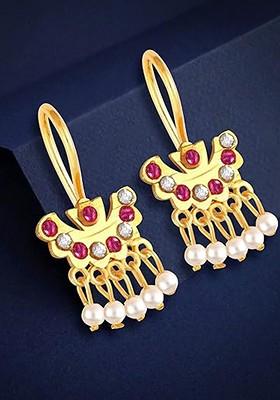 Gold Plated Cubic Zirconia Stidded And Beaded Drop Earrings