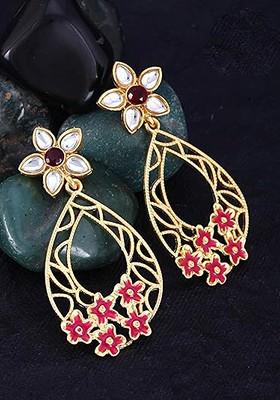 Gold Plated Stone Studded And Beaded Floral Drop Earrings