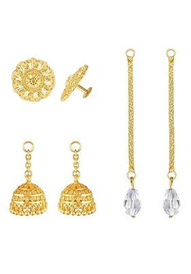 Set Of 3 Artificial Stones Studded Gold Plated Contemporary Drop Earrings