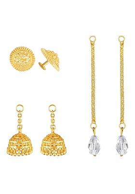 Set Of 3 Gold Plated Artificial Stones Studded And Beads Beaded Drop Earrings