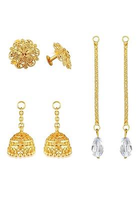 Set Of 3 Artificial Stones Studded Gold Plated Contemporary Drop Earrings