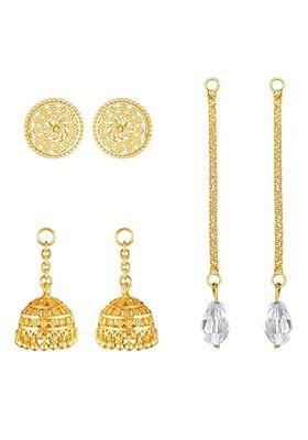 Set Of 3 Artificial Stones Studded Gold Plated Contemporary Drop Earrings