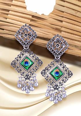 Rhodium Plated Floral Shaped Drop Earrings