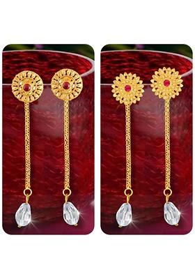 Set Of 2 Gold Plated Crystal Studded Drop Earrings With Removable Studs