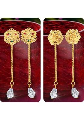 Set Of 2 Gold Plated Crystal Studded Drop Earrings With Removable Studs
