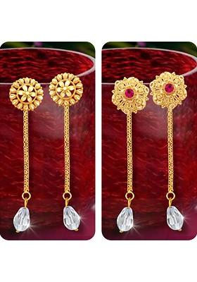 Set Of 2 Gold Plated Crystal Studded Drop Earrings With Removable Studs