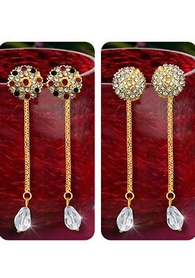 Set Of 2 Gold Plated Crystal Studded Drop Earrings With Removable Studs