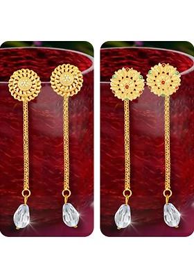 Set Of 2 Gold Plated Crystals Stone Studded Studs Earrings And Removable Chain