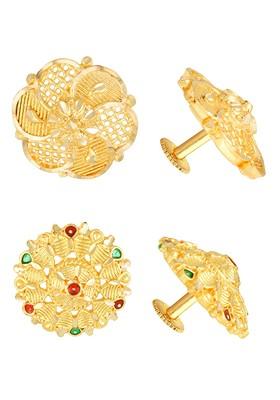Set Of 2 Gold Plated Stones Studded Floral Studs Earrings