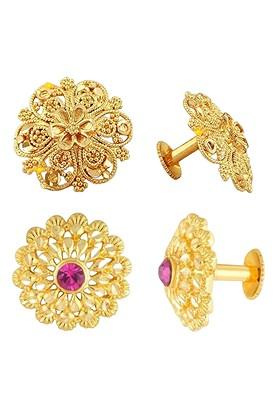 Set Of 2 Gold Plated Cubic Zirconia Studded Floral Studs Earrings