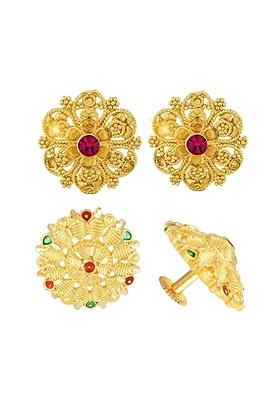 Set Of 2 Gold Plated Stone Studded Floral Studs Earrings