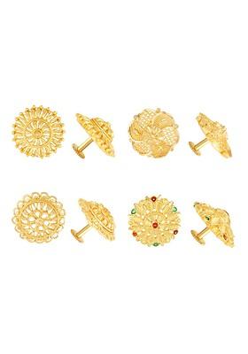 Set Of 4 Gold Plated Artificial Stones Studded Floral Studs Earrings