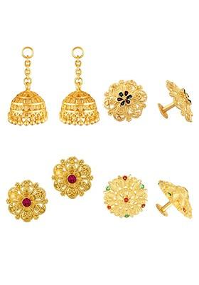 Set Of 3 Gold Plated Floral Stud Earrings With Removable Jhumkas