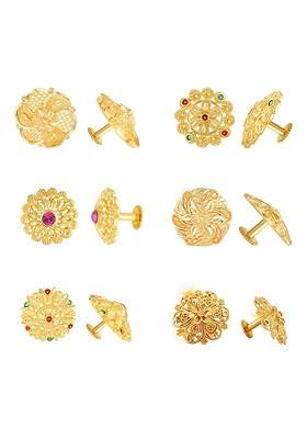 Set Of 6 Gold Plated Artificial Stones Studded Floral Studs Earrings