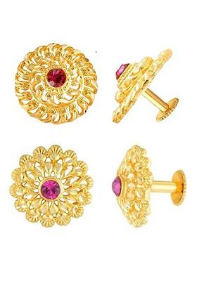 Set Of 2 Gold Plated Cubic Zirconia Studded Floral Studs Earrings